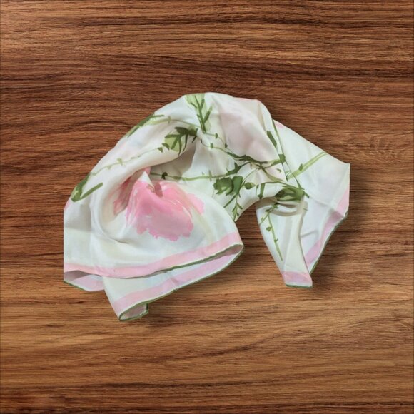 Vintage Vera Floral Silk Rayon Scarf Japan Handrolled 60s Pink Green 22x22 Retro - Picture 1 of 7